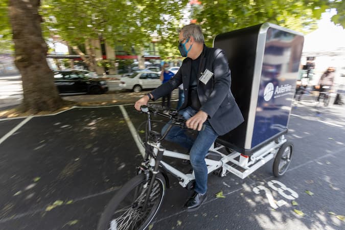 Person riding a bike carrying an electric pallet of goods.