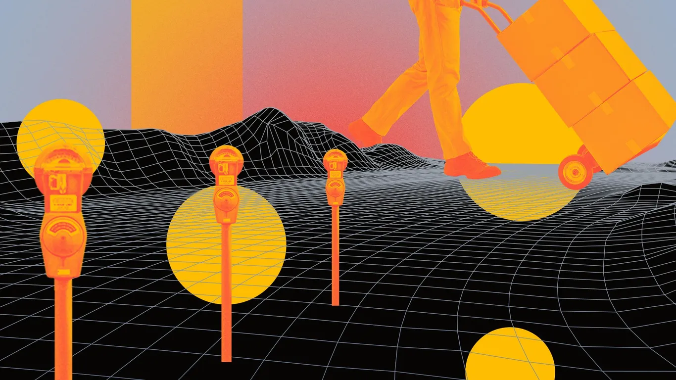 Illustration of parking meters and delivery person pushing a hard cart on a gridded landscape in the background